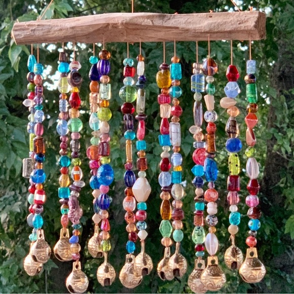 Glass Beads & Bells Wind Chime Sun Catcher Mobile With Driftwood Made To Order - Picture 3 of 10